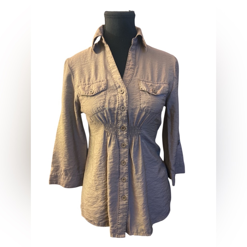 Mine Tan Fitted Button Down Shirt with Notched Collar GUC M